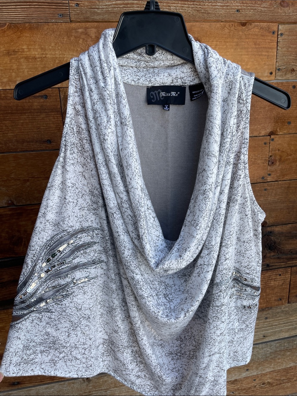 Miss Me Embellished Cowl Neck Sleeveless Top Gray White Size Small Boho